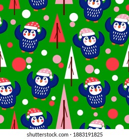 Seamless pattern blue baby penguins in pink, red and white hats and scarfs. Dancing with hands up. Green background. Fir trees. Merry Christmas. Wallpaper, textile, scrapbooking and wrapping paper