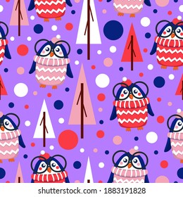 Seamless pattern blue baby penguins in pink, red, white hats and sweaters. Clever child in glasses. Violet background. Fir trees. Merry Christmas. Wallpaper, textile, scrapbooking and wrapping paper