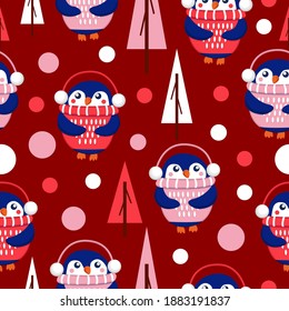 Seamless pattern with blue baby penguins wearing pink, red and white sweaters, hats and headphones. Black background. Fir trees. Merry Christmas. Wallpaper, textile, scrapbooking and wrapping paper