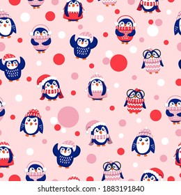 Seamless pattern with blue baby penguins wearing pink, red and white sweaters, hats and scarfs. Pink background. Cute and funny. Merry Christmas. Wallpaper, textile, scrapbooking and wrapping paper