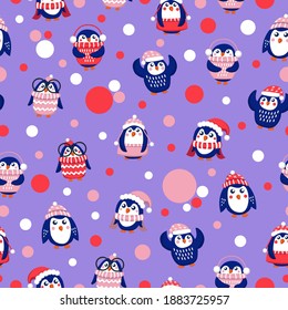 Seamless pattern with blue baby penguins wearing pink, red and white sweaters, hats and scarfs. Lilac background. Cute and funny. Merry Christmas. Wallpaper, textile, scrapbooking and wrapping paper