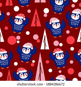 Seamless pattern blue baby penguins in pink, red and white hats and scarfs. Dancing with hands up. Maroon background. Fir trees. Merry Christmas. Wallpaper, textile, scrapbooking and wrapping paper