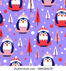 Seamless pattern with blue baby penguins wearing pink, red and white sweaters, hats and skirts. Violet background. Fir trees. Merry Christmas. Wallpaper, textile, scrapbooking and wrapping paper