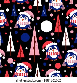 Seamless pattern with blue baby penguins wearing pink, red and white hats and scarfs. Black background. Fir trees and snow. Merry Christmas. Wallpaper, textile, scrapbooking and wrapping paper