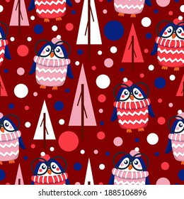 Seamless pattern blue baby penguins in pink, red, white hats and sweaters. Clever child in glasses. Maroon background. Fir trees. Merry Christmas. Wallpaper, textile, scrapbooking and wrapping paper