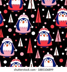 Seamless pattern with blue baby penguins wearing pink, red and white sweaters, hats and skirts. Black background. Fir trees. Merry Christmas. Wallpaper, textile, scrapbooking and wrapping paper