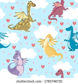 Seamless pattern with blue background, bright multi-colored cartoon dragons in different poses, hearts and clouds. Vector children's illustration