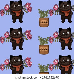 Seamless pattern with a blue background with a cute cat,pussycat and plant. 