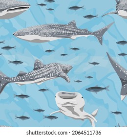 Patrón sin foco con fondo azul, peces y tiburones ballena tipo Rhincodon en diferentes ángulos. Pescado gigante del Océano Mundial. Pesca vectorial realista
