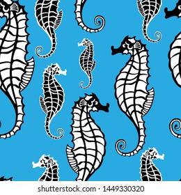 seamless pattern with a blue background, the image of black and white seahorse