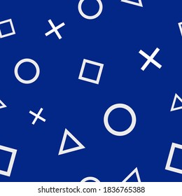 Seamless Pattern Blue Background Include With Cross, Triangle, Square And Circle Symbol.