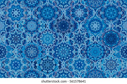 Seamless Pattern Blue Background. Intricate vintage design. Stylized flower mandala elements. Boho ogee tile. Complex decorative ornament. Traditional oriental interior fabric print, wallpaper, floor.
