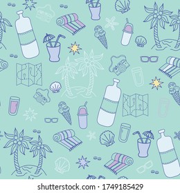 Nahtloses Muster. Blauer Hintergrund mit mariner Themenreise. Cocktail und Eis, Gläser, eine Insel mit Palmen, ein Strandtuch, ein Scoop und eine Karte. Verpackung, Design und Druck. Vektorgrafik