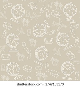 Patrón sin foco. Fondo azul con un tema náutico. Barcos, nubes con un cóctel y helado, zapatillas de playa y una máscara de natación. Embalaje, diseño e impresión. Patrón transparente del vector