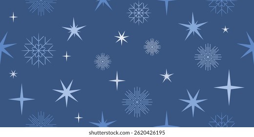 Fondo azul sin patrón con copos de nieve y estrellas