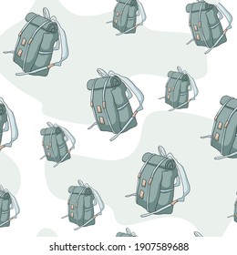 Seamless pattern with blue backpack and blue color shapes