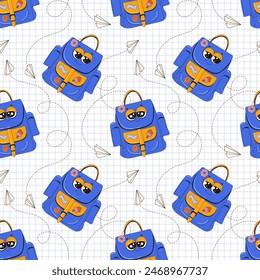 Seamless pattern with blue backpacks and airplane trajectories. Modern school seamless pattern. Backpack with eyes and stickers for school