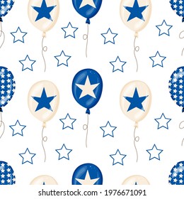 Seamless Pattern Blue Balloons with stars for Independence Day. American Patriotic Fabric Transparent Background.