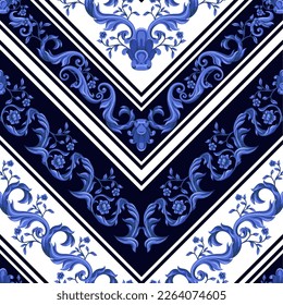 Seamless pattern with blue baroque elements. Vector