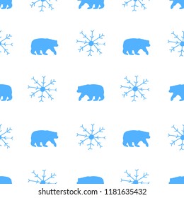 Seamless pattern with blue bear and snowflakes on the white background. Vector illustration