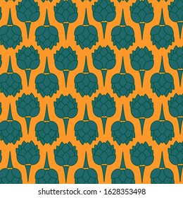 Seamless pattern with blue beer hops on the orange background, colorful vector illustration. Print or Poster Design, wrapping paper, Greeting Card, dishes and clothes.