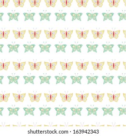 Seamless pattern with blue and beige butterflies on white background