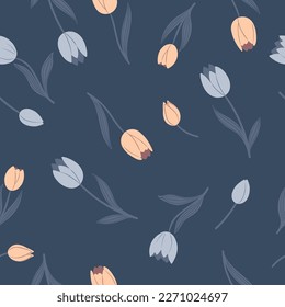 Nahtloses Muster mit blauen und beigen Tulpen. Vektorgrafiken.