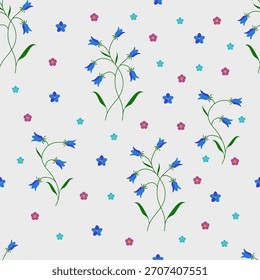 Patrón sin fisuras con campanas azules y otras flores. Ilustración vectorial