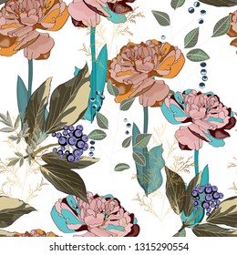 Seamless pattern with blue berries branch with leaves, herbs and brown tulips flowers. Hand drawn abstract illustration. White background. 