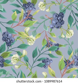 Seamless pattern with blue berries and branches