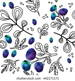 Seamless pattern with blue berries . Lingonberry , Blueberry . Cute , simple.