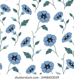 Seamless pattern with blue bindweed flowers on a white background. Vector graphics.