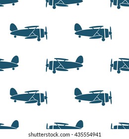 Seamless pattern with blue biplanes on white background. Vector illustration