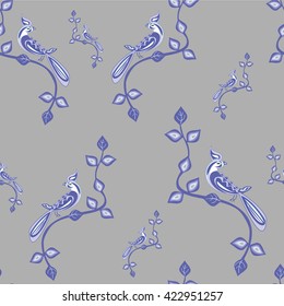 Seamless pattern of  blue bird with floral pattern on grey background.Vector illustration.