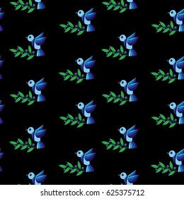 Seamless pattern with blue birds and berry with green leaf. Vector seamless with isolated blue bird for printing on fabric, paper for scrapbook, gift wrap and wallpapers.