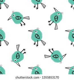 Seamless pattern with blue birds. Cartoon style background, childish print design