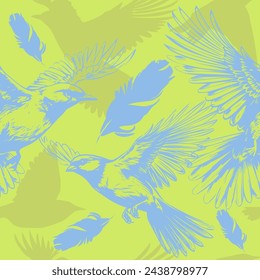 Seamless pattern of blue birds. hand drawing. Not AI, Vector illustration.
