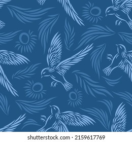 Seamless pattern with blue birds on blue background. Vector illustration. Fabric print. 