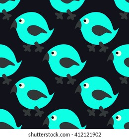 Seamless pattern of blue birds on a dark blue background. Can be used for wrapping paper, cards, postcards, print on fabric.