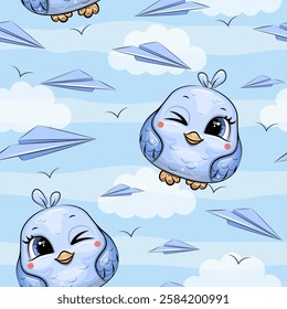 Seamless pattern with blue birds and paper airplanes. Cute cartoon vector illustration on a blue background with white clouds.