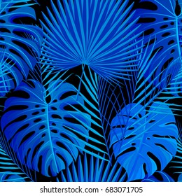 Seamless pattern with blue black colored tropical exotic palm leaves background. Fabric, wrapping paper print. Vector illustration stock vector.