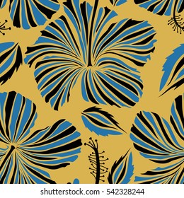 Seamless pattern in blue and black colors. Vector vintage seamless tropical hibiscus flowers.