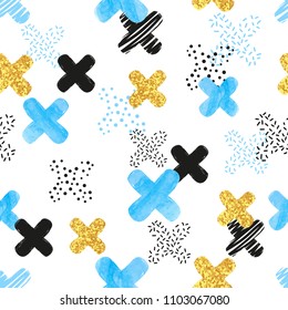 Seamless pattern with blue, black and golden cross. Vector abstract background.
