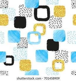 Seamless pattern with blue, black and golden squares. Vector abstract background with   geometric shapes.