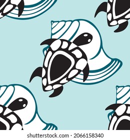 seamless pattern blue black and white big sea turtles and blue round sea shells sketch ink vector