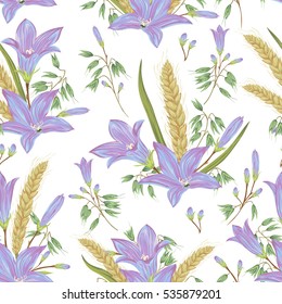 Seamless pattern with blue bluebells flowers, wheat and oat. Rustic floral design for wedding invitations and birthday cards. Vintage vector illustration in watercolor style.