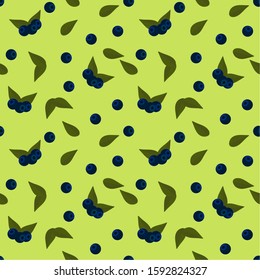 
Seamless pattern: blue blueberries and green leaves on a light green background. Can be used for fabric and wallpaper. Flat vector. illustration