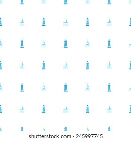 Seamless pattern.  Blue boats and lighthouse on white background