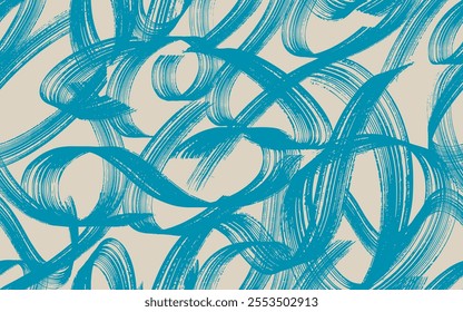 Seamless pattern blue bold squiggly lines. Vector brush drawn thick doodle lines ornament pattern. Template grunge squiggles, curved brush strokes, ink. Vintage thick curved shapes seamless pattern.