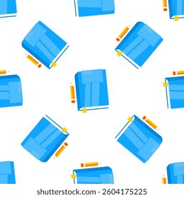 Seamless pattern of blue books with bookmarks and pencils, symbolizing learning and education